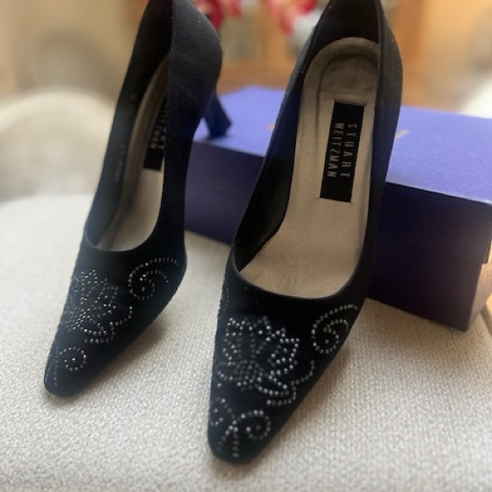 Stuart Weitzman Black Heels with Crystal Accents